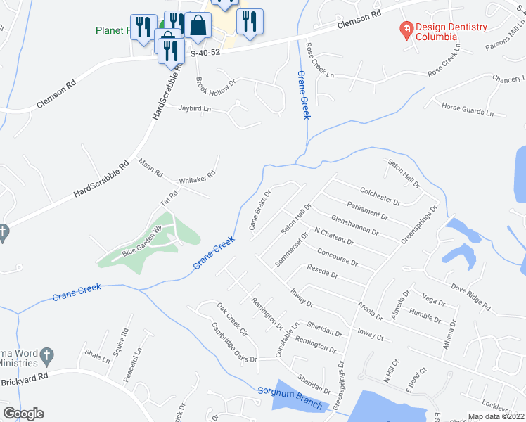 map of restaurants, bars, coffee shops, grocery stores, and more near 361 Cane Brake Circle in Columbia