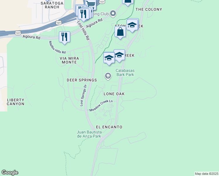 map of restaurants, bars, coffee shops, grocery stores, and more near 3955 Poppyseed Place in Calabasas