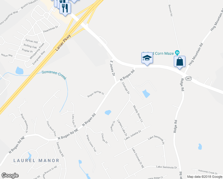 map of restaurants, bars, coffee shops, grocery stores, and more near 3799 North Bogan Road in Buford