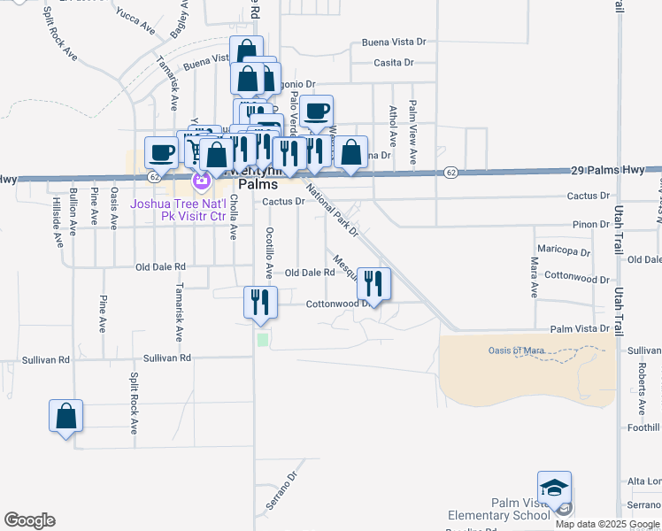 map of restaurants, bars, coffee shops, grocery stores, and more near 6707 Mesquite Avenue in Twentynine Palms