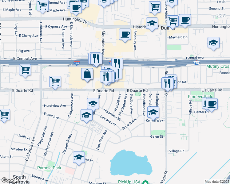 map of restaurants, bars, coffee shops, grocery stores, and more near 1804 Park Rose Avenue in Duarte