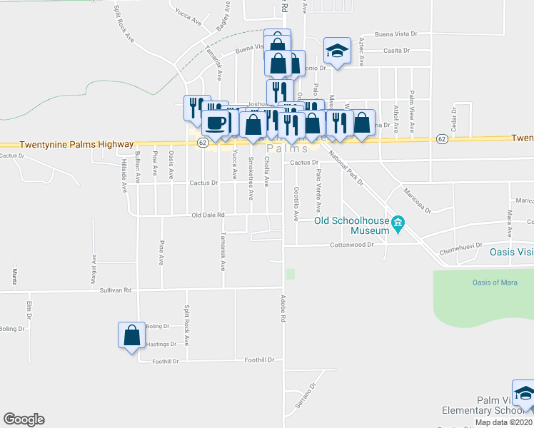 map of restaurants, bars, coffee shops, grocery stores, and more near Old Dale Road in Twentynine Palms
