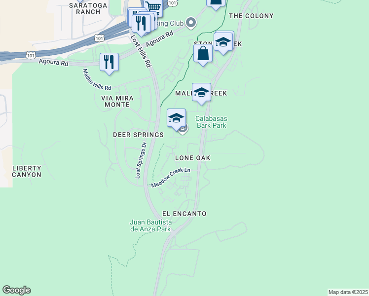 map of restaurants, bars, coffee shops, grocery stores, and more near 3955 Poppyseed Place in Calabasas