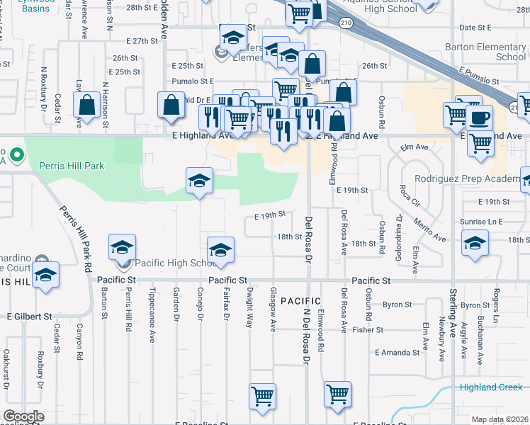 map of restaurants, bars, coffee shops, grocery stores, and more near 25180 East 19th Street in San Bernardino