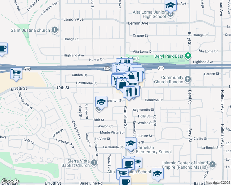 map of restaurants, bars, coffee shops, grocery stores, and more near 6710 Topaz Street in Rancho Cucamonga