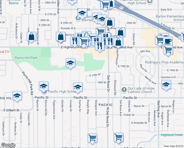 map of restaurants, bars, coffee shops, grocery stores, and more near 25170 East 19th Street in San Bernardino