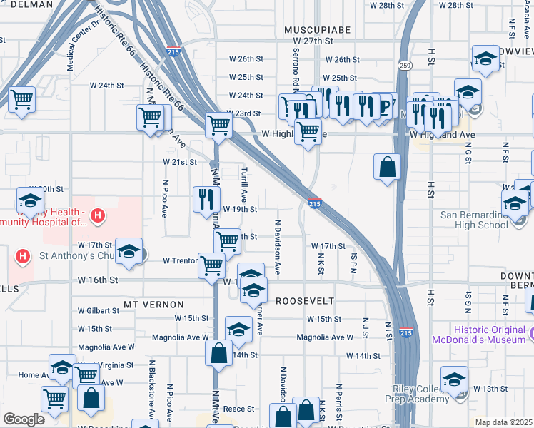 map of restaurants, bars, coffee shops, grocery stores, and more near 1189 West 19th Street in San Bernardino