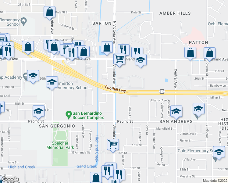 map of restaurants, bars, coffee shops, grocery stores, and more near Victoria Avenue in Highland