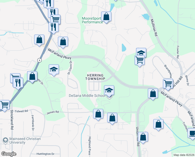 map of restaurants, bars, coffee shops, grocery stores, and more near 655 Township Circle in Alpharetta