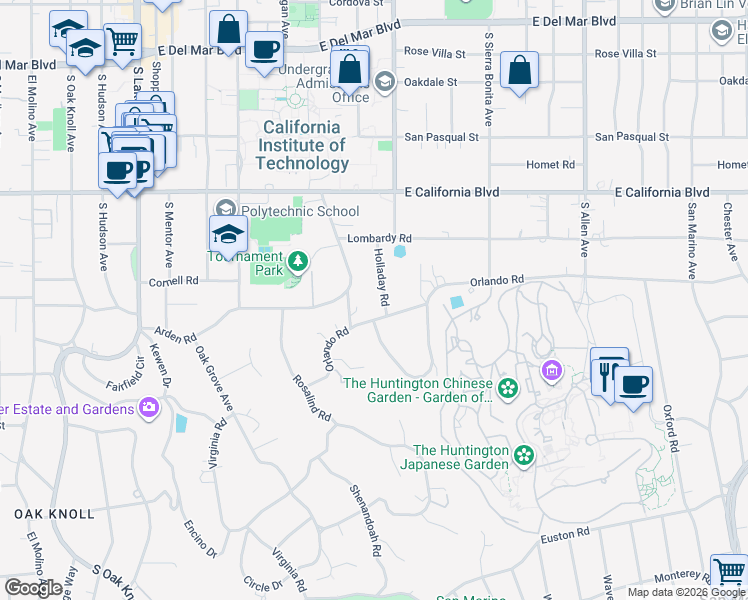 map of restaurants, bars, coffee shops, grocery stores, and more near 755 Holladay Road in Pasadena