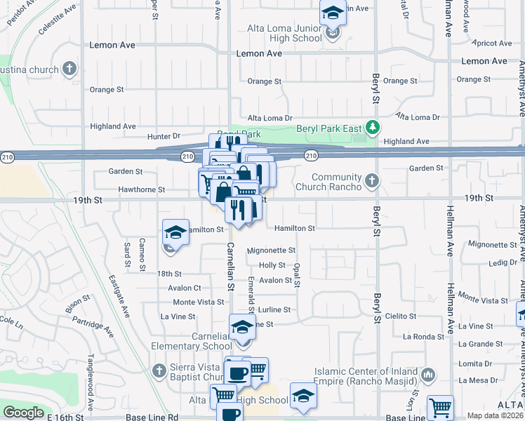 map of restaurants, bars, coffee shops, grocery stores, and more near 6732 Amber Court in Rancho Cucamonga