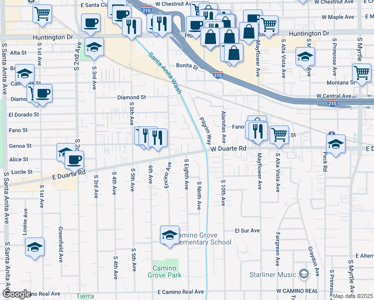 map of restaurants, bars, coffee shops, grocery stores, and more near 733 West Duarte Road in Monrovia