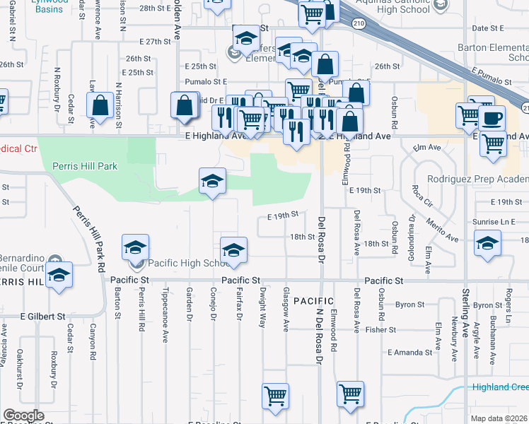 map of restaurants, bars, coffee shops, grocery stores, and more near 25144 East 19th Street in San Bernardino