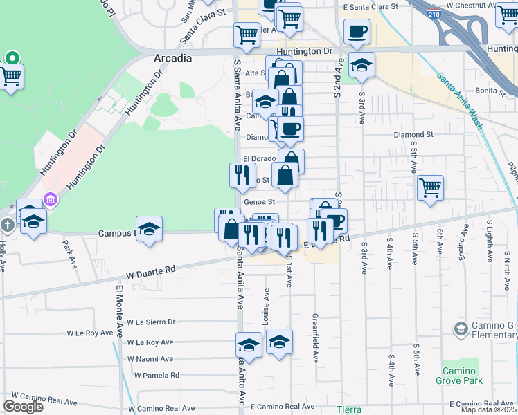 map of restaurants, bars, coffee shops, grocery stores, and more near 30 Genoa Street in Arcadia