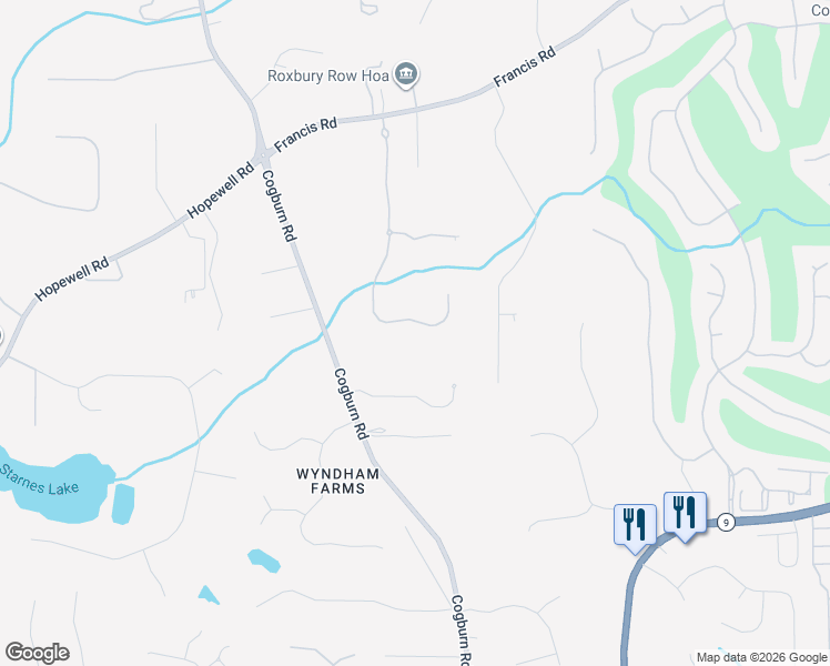 map of restaurants, bars, coffee shops, grocery stores, and more near 14627 Timber Point in Alpharetta