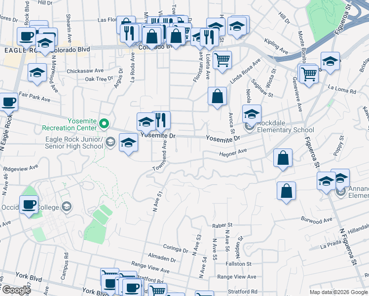 map of restaurants, bars, coffee shops, grocery stores, and more near 1560 Yosemite Drive in Los Angeles