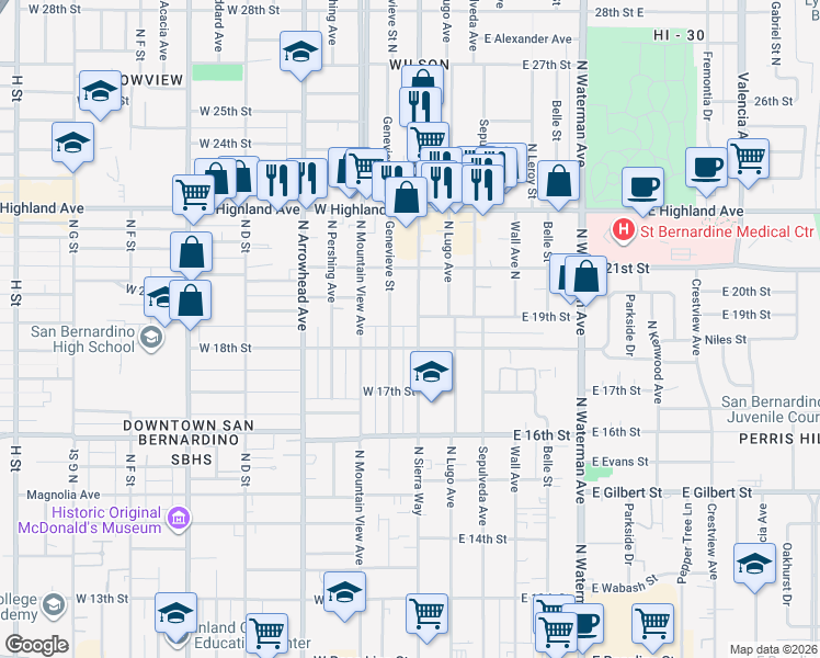 map of restaurants, bars, coffee shops, grocery stores, and more near 1897 North Sierra Way in San Bernardino
