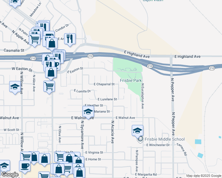 map of restaurants, bars, coffee shops, grocery stores, and more near 1788 North Acacia Avenue in Rialto