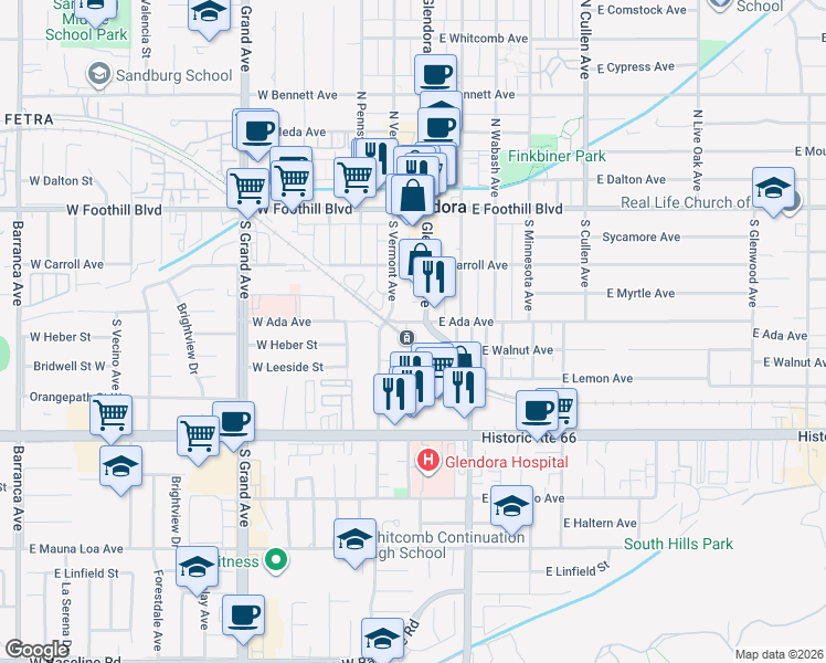 map of restaurants, bars, coffee shops, grocery stores, and more near in Glendora