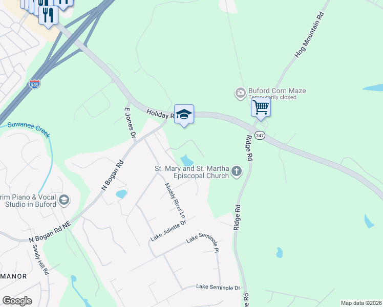 map of restaurants, bars, coffee shops, grocery stores, and more near 3815 Trinity Pond Place in Buford