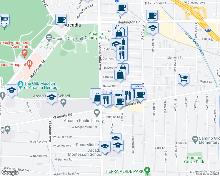 map of restaurants, bars, coffee shops, grocery stores, and more near 30 Genoa Street in Arcadia