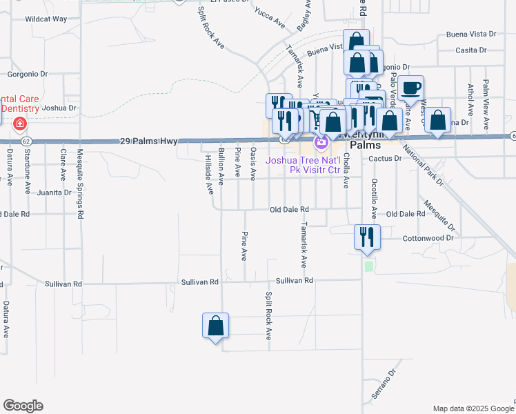 map of restaurants, bars, coffee shops, grocery stores, and more near Old Dale Road in Twentynine Palms