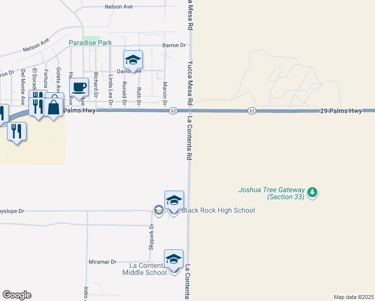 map of restaurants, bars, coffee shops, grocery stores, and more near 6650 La Contenta Road in Yucca Valley