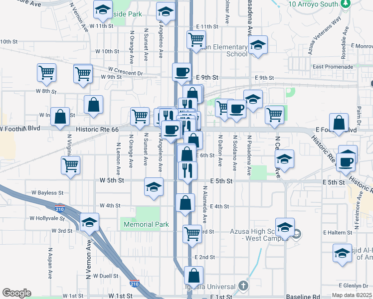 map of restaurants, bars, coffee shops, grocery stores, and more near 609 North Azusa Avenue in Azusa