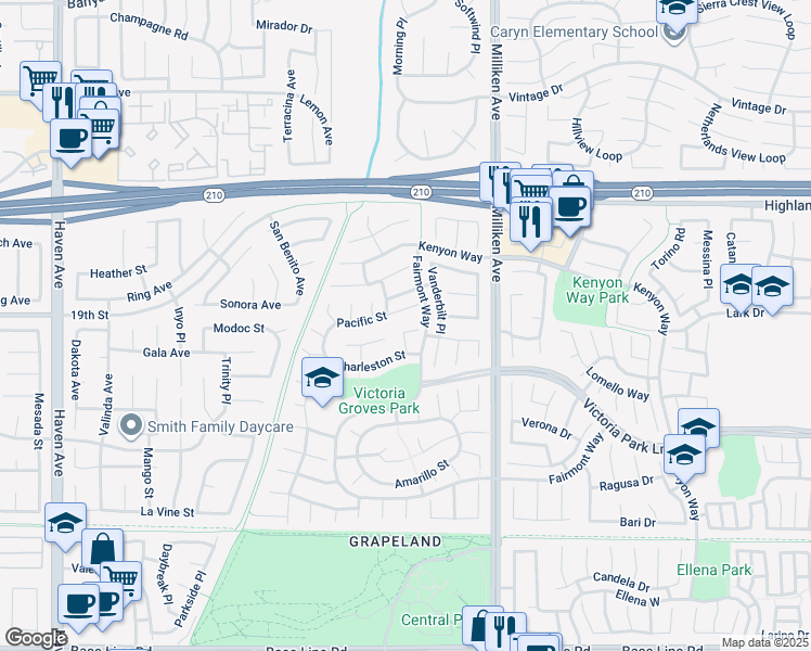map of restaurants, bars, coffee shops, grocery stores, and more near 11136 Taylor Court in Rancho Cucamonga