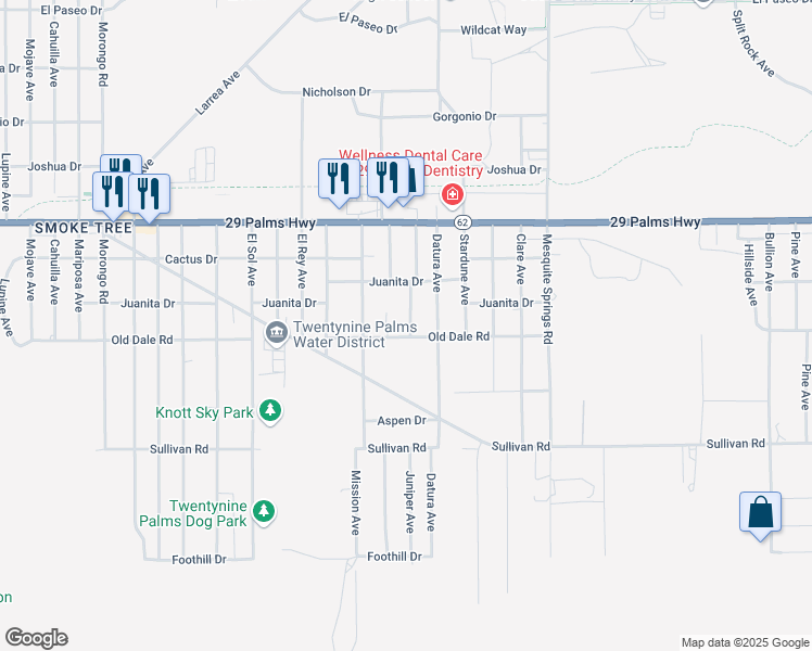 map of restaurants, bars, coffee shops, grocery stores, and more near Juniper Avenue in Twentynine Palms