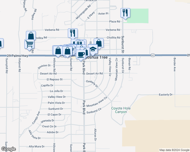 map of restaurants, bars, coffee shops, grocery stores, and more near 61936 El Reposo Circle in Joshua Tree