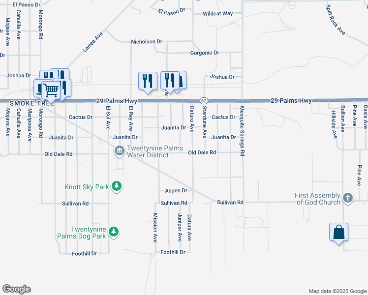 map of restaurants, bars, coffee shops, grocery stores, and more near 6657 Juniper Avenue in Twentynine Palms