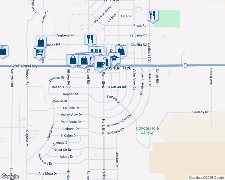 map of restaurants, bars, coffee shops, grocery stores, and more near in Joshua Tree
