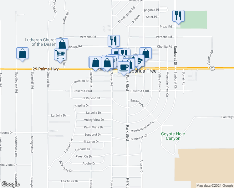 map of restaurants, bars, coffee shops, grocery stores, and more near 61766 Desert Air Road in Joshua Tree