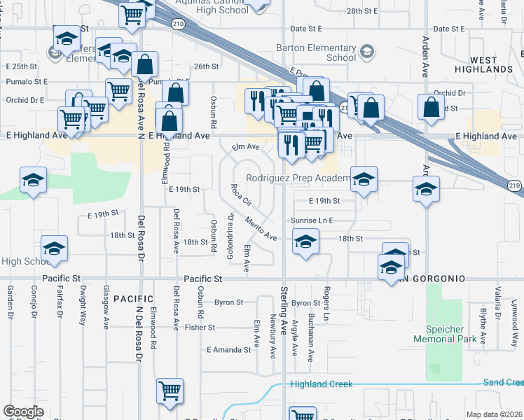 map of restaurants, bars, coffee shops, grocery stores, and more near 6692 Elm Avenue in San Bernardino
