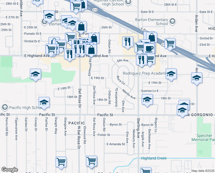 map of restaurants, bars, coffee shops, grocery stores, and more near 6688 Osbun Road in San Bernardino