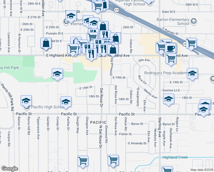map of restaurants, bars, coffee shops, grocery stores, and more near 1895 Del Rosa Avenue North in San Bernardino