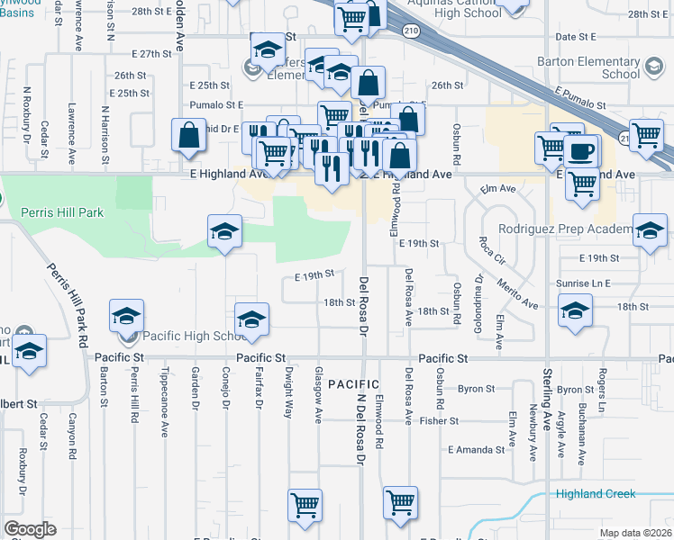 map of restaurants, bars, coffee shops, grocery stores, and more near 25258 East 19th Street in San Bernardino