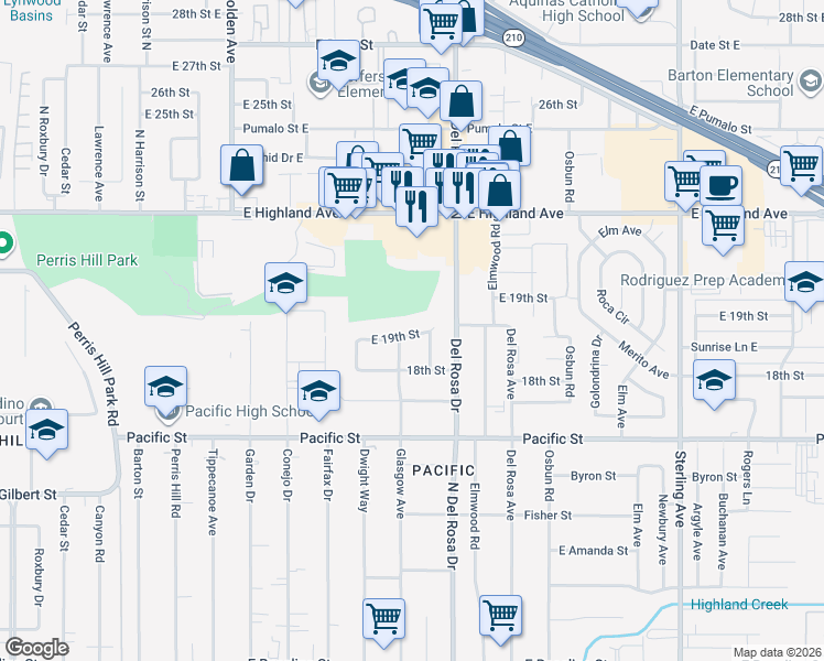 map of restaurants, bars, coffee shops, grocery stores, and more near 25258 East 19th Street in San Bernardino
