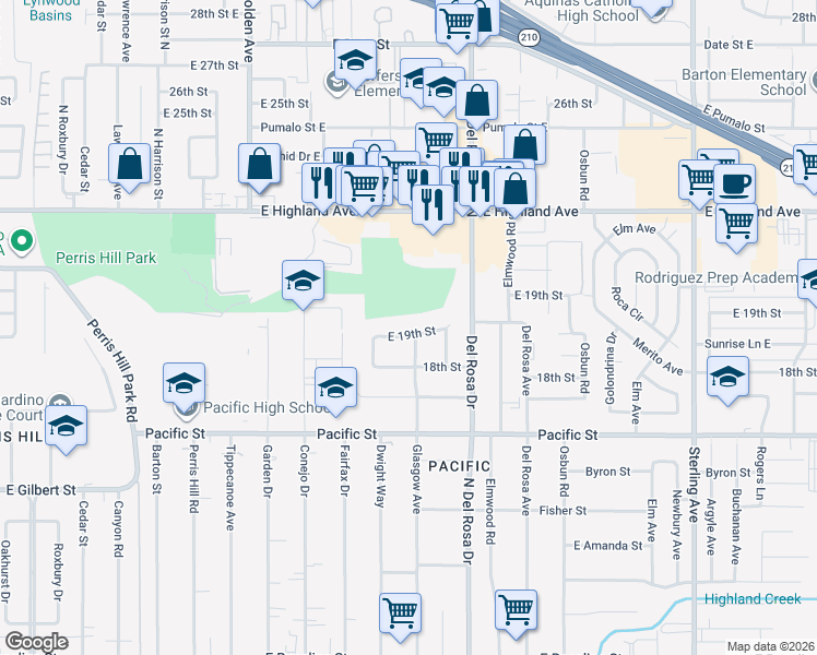 map of restaurants, bars, coffee shops, grocery stores, and more near 25180 East 19th Street in San Bernardino