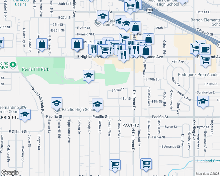 map of restaurants, bars, coffee shops, grocery stores, and more near 6720 Dwight Way in San Bernardino