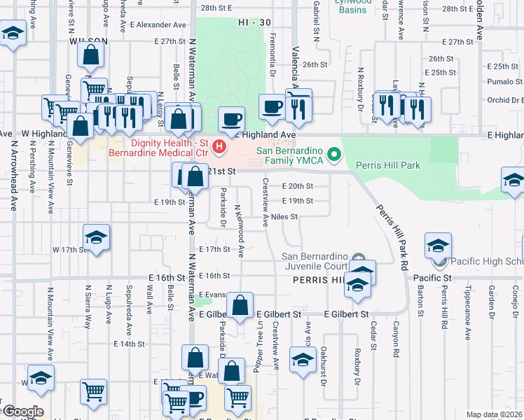 map of restaurants, bars, coffee shops, grocery stores, and more near 1912 Crestview Avenue in San Bernardino