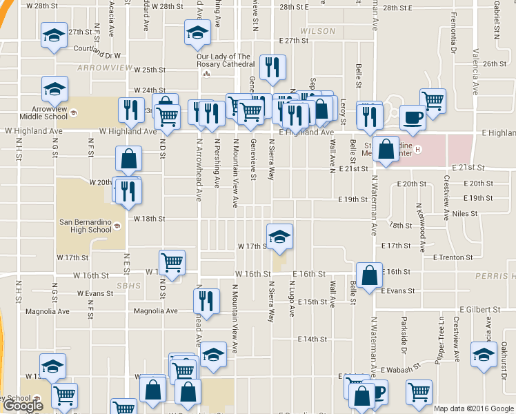 map of restaurants, bars, coffee shops, grocery stores, and more near 1950 Genevieve Street in San Bernardino
