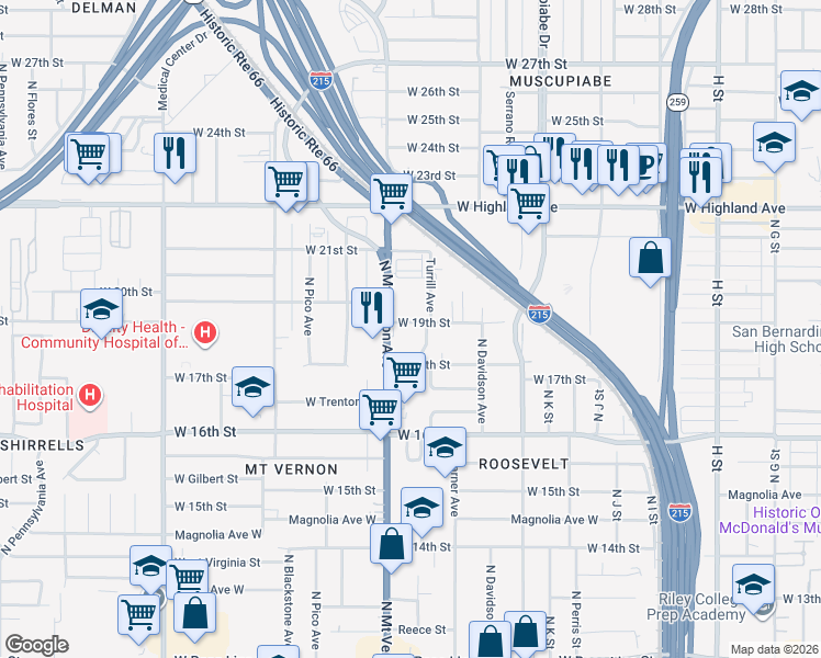 map of restaurants, bars, coffee shops, grocery stores, and more near 1929 North Mount Vernon Avenue in San Bernardino