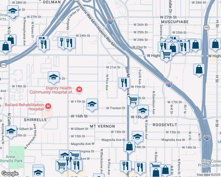 map of restaurants, bars, coffee shops, grocery stores, and more near 1919 North Pico Avenue in San Bernardino