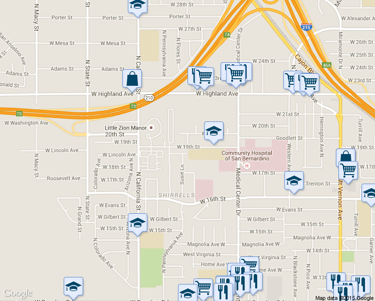map of restaurants, bars, coffee shops, grocery stores, and more near 1800 West 19th Street in San Bernardino