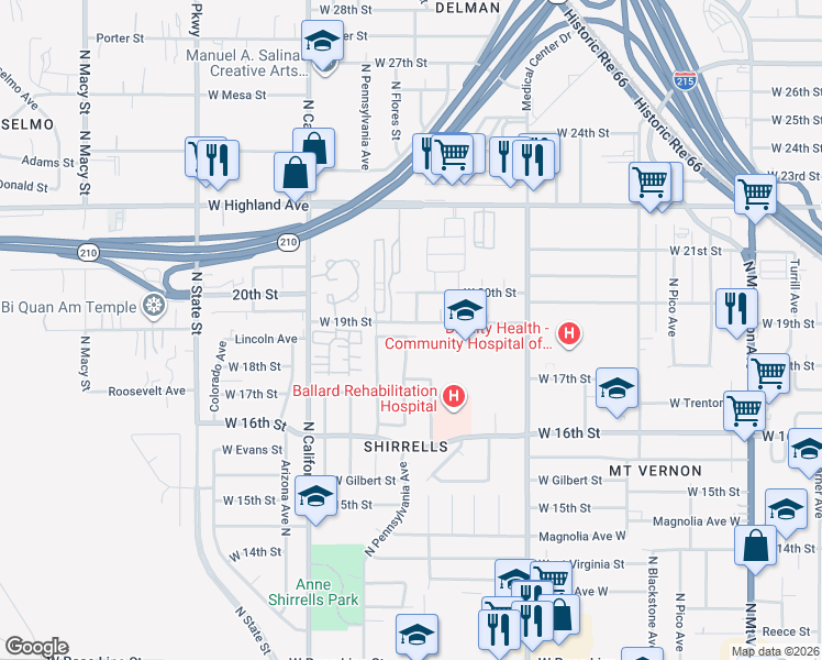 map of restaurants, bars, coffee shops, grocery stores, and more near 1800 West 19th Street in San Bernardino