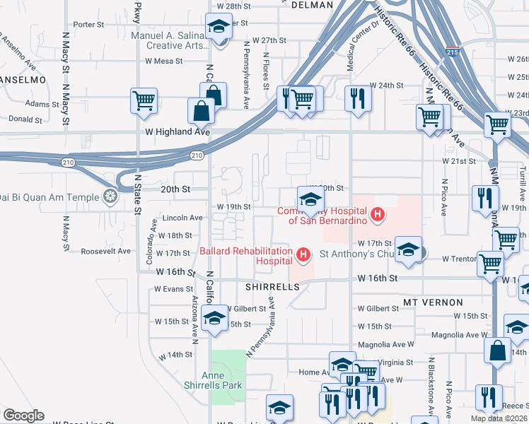 map of restaurants, bars, coffee shops, grocery stores, and more near 1826 West 19th Street in San Bernardino