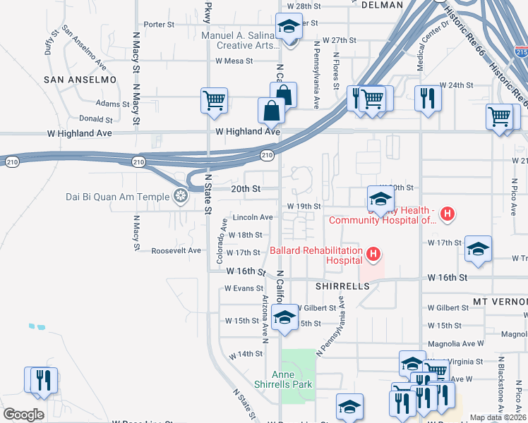 map of restaurants, bars, coffee shops, grocery stores, and more near 1903 West 19th Street in San Bernardino