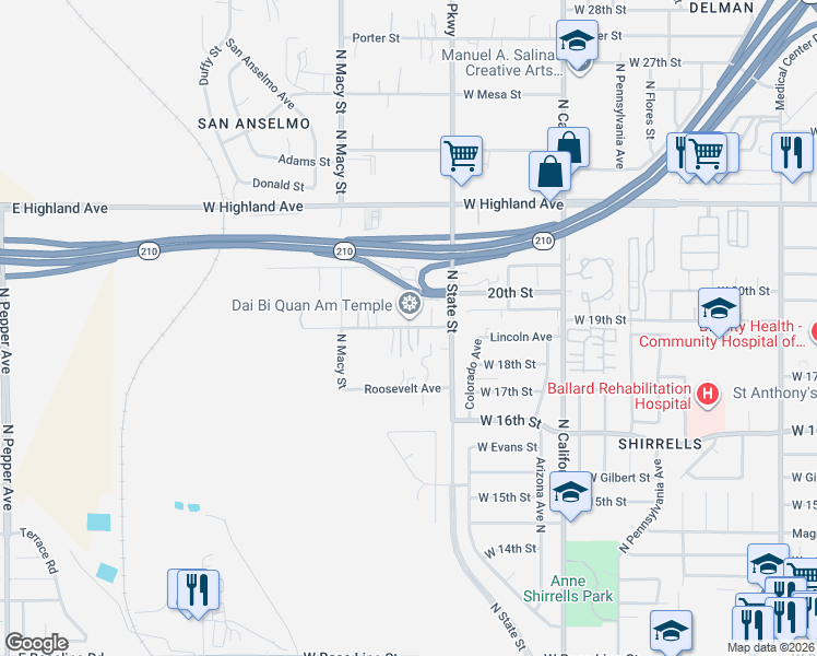map of restaurants, bars, coffee shops, grocery stores, and more near 2138 Lincoln Avenue in San Bernardino